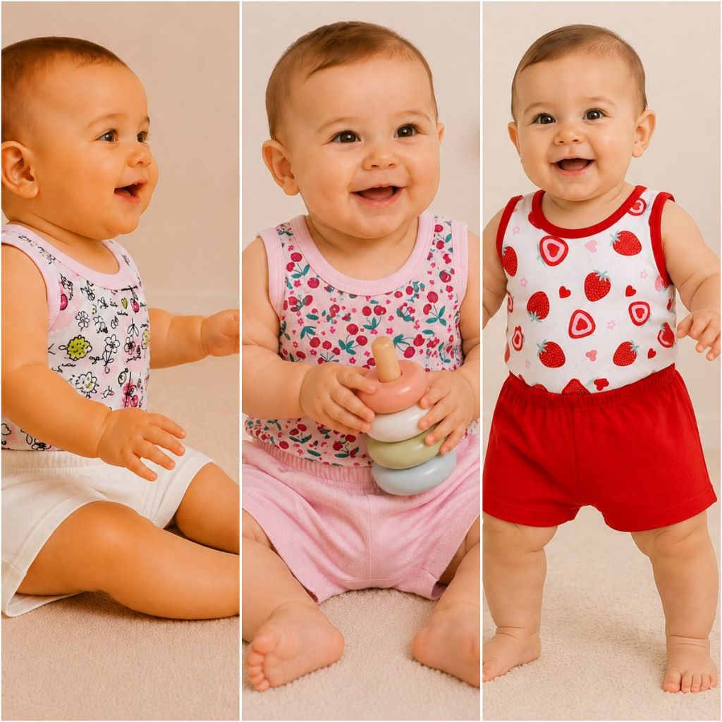 Conjunto Regata Short Bebê Infantil Blusinha Regatinha 100% Algodão Sortido Menino Menina Confortável Tapa Fralda