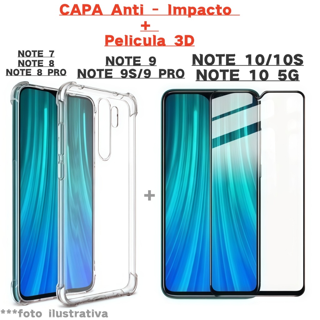 Capa Transparente + Película 3D de Vidro Compatível Com Xiaomi Redmi NOTE 7/NOTE 8/NOTE 9/9 PRO/10/10S