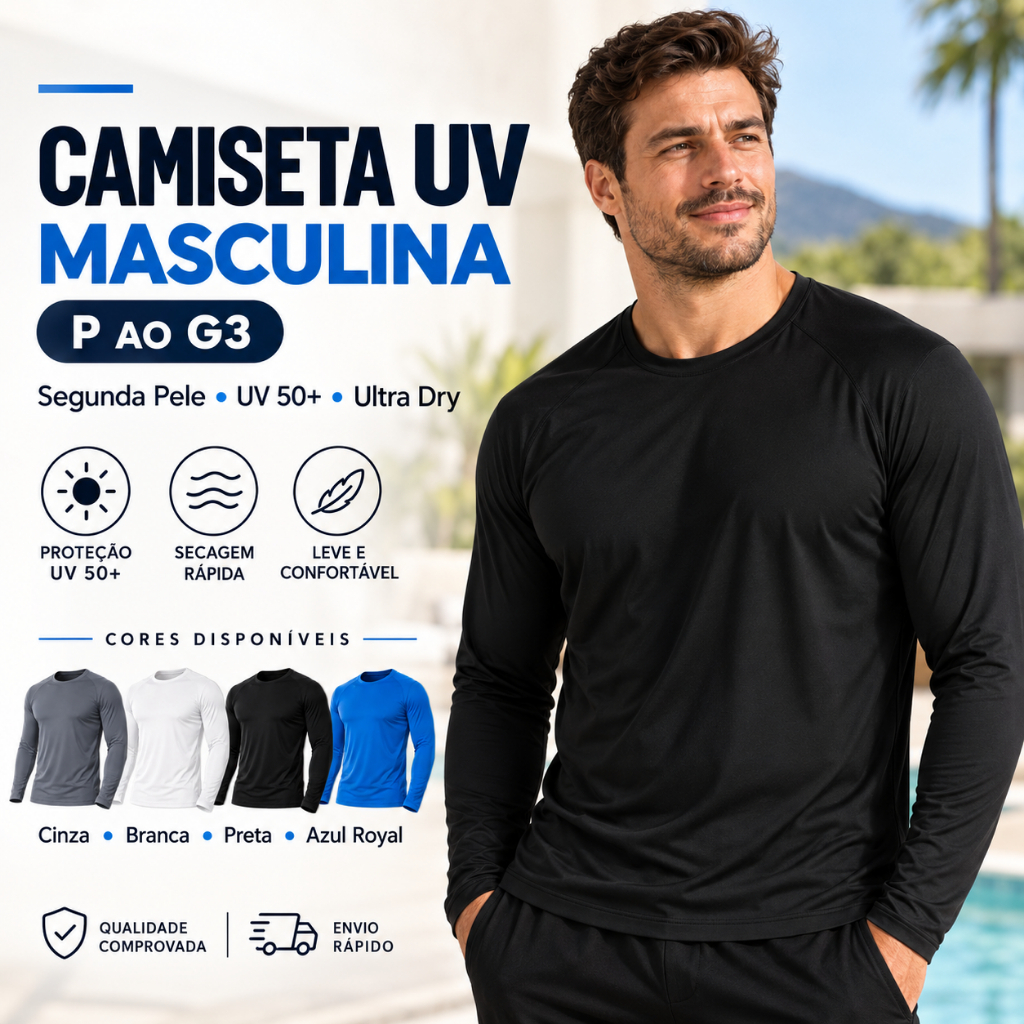 Camisa Térmica Masculina Segunda Pele Proteção Solar UV 50+ Camiseta Blusa Manga Longa Malha Fria Dry Fit Academia