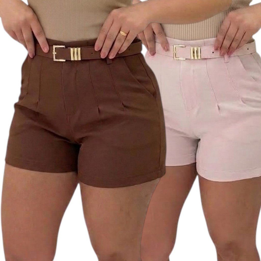 Short Alfaiataria Feminino Com Cinto e Bolsos ZRA Fivela Dourada Cintura Alta Social Premium Elegante Tendência