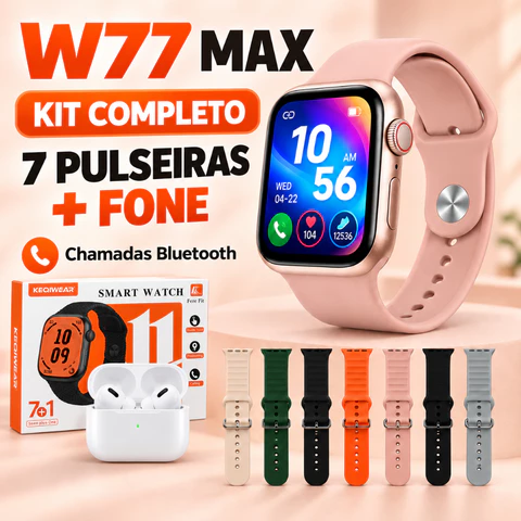 Smartwatch KW77 Max 49mm com Fone e 7 Pulseiras Chamadas Bluetooth e Notificações WhatsApp