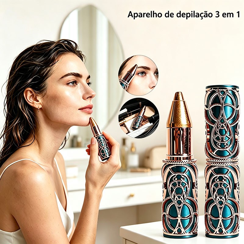 Depilador Elétrico Feminino 3 em 1 Recarregável USB Indolor Portátil para Rosto Nariz Axilas e Corpo