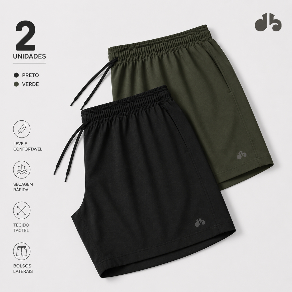 Kit 2 Shorts Tactel Elastano Masculino Bermuda Academia Praia Bolsos Cordão Ultra Leve