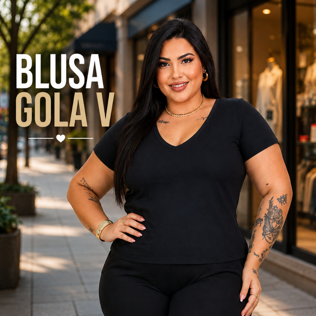 Blusa Feminina Plus Size Gola V Manga curta Básica Verão Alta Elasticidade Curve Curvy G1 G2 G3