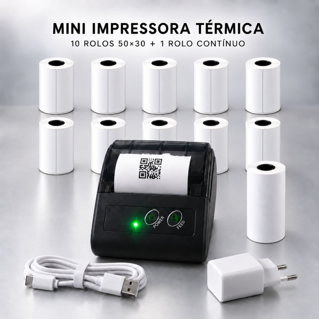 Kit Mini Impressora Térmica Sem Tinta para Android iOS e PC Windows + 10 Rolos 50x30 com 900 Etiquetas + Rolo Comum 10 m