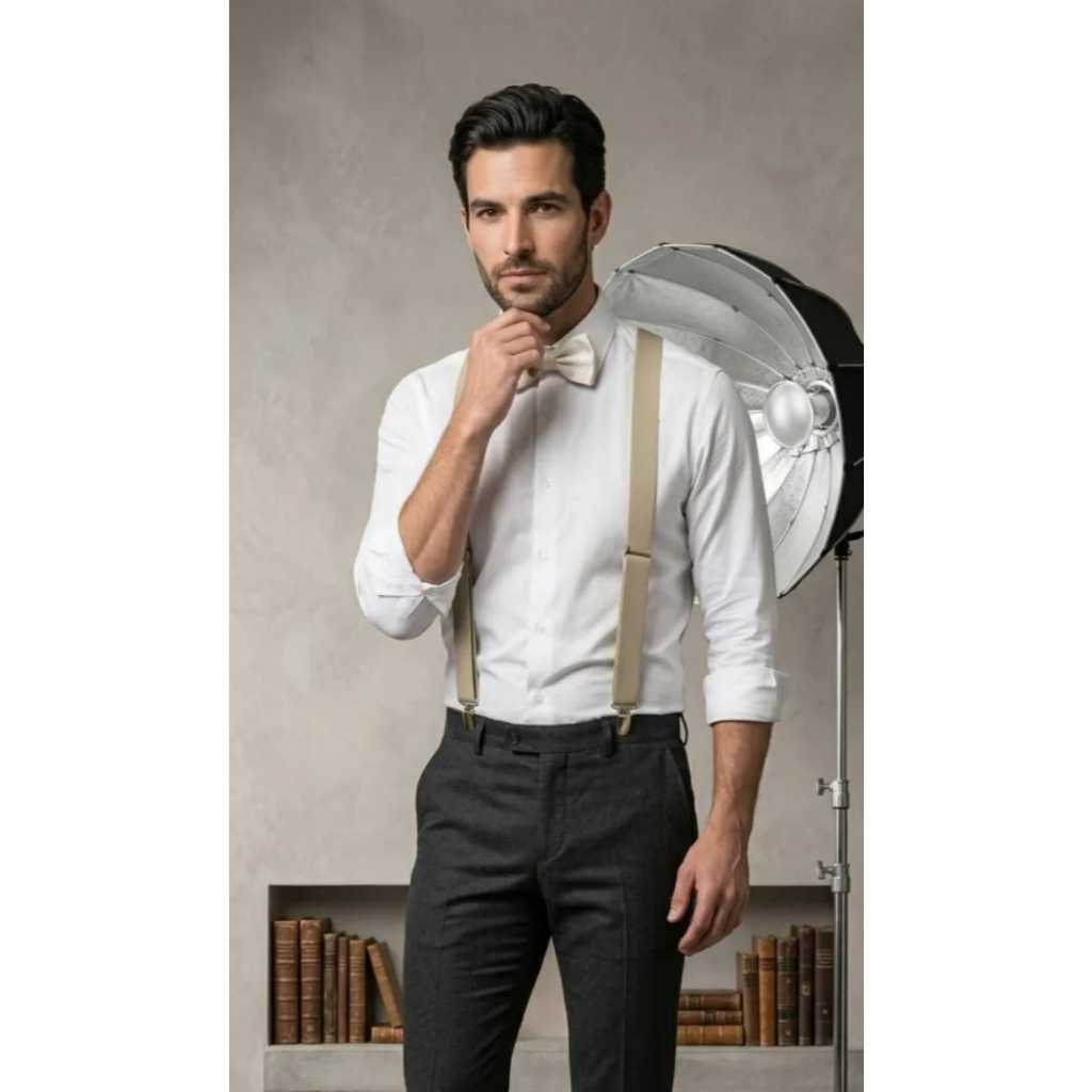 kit suspensório ajustável adulto masculino e feminino bege mais Gravatá borboleta