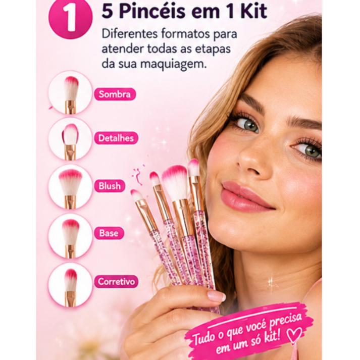 Kit 5 Pincéis de Maquiagem Rosa para Olhos, Blush e Rosto, A