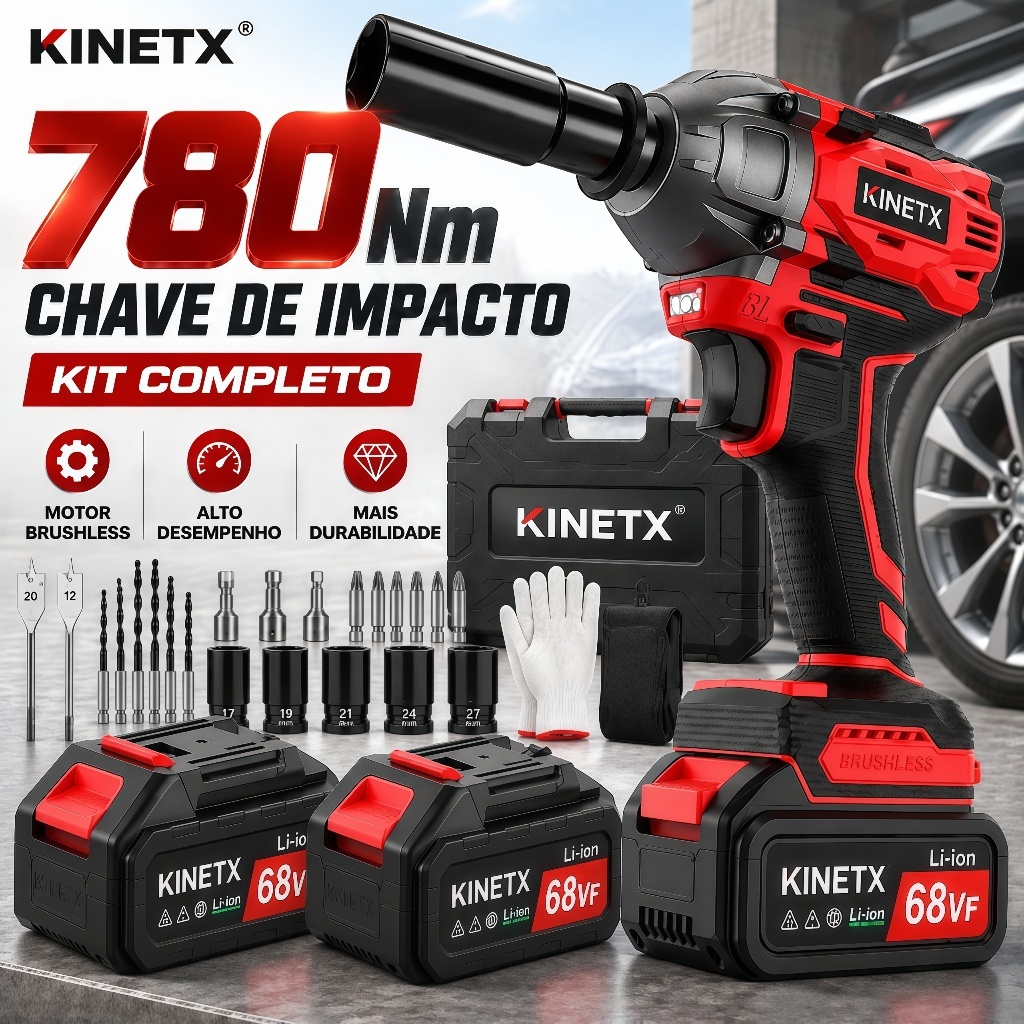 Chave De Impacto Parafusadeira Brushless KINETX 780Nm 68V 2 Baterias Kit Completo Bolsa de Transporte