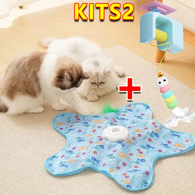 Kit 2 Peças Brinquedo Interativo Para Gatos Tapete Estrela Automático 360 Recarregável Com Pena
