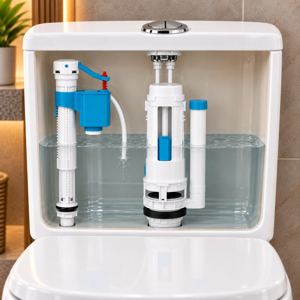 KIT MECANISMO DESCARGA CAIXA ACOPLADA COM BOTÃO DUPLO 3L E 6L MODELO UNIVERSAL ACIONAMENTO SUPERIOR