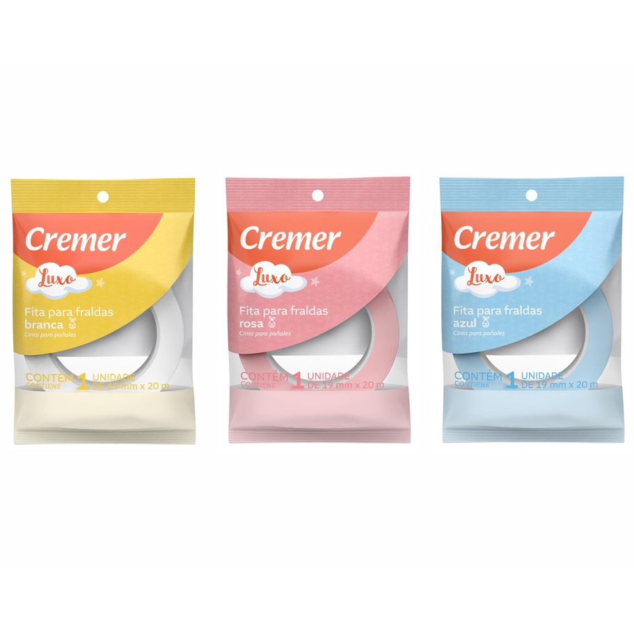 Fita Para Fralda 20 Metros Crepe Cremer Luxo Branca Azul Rosa