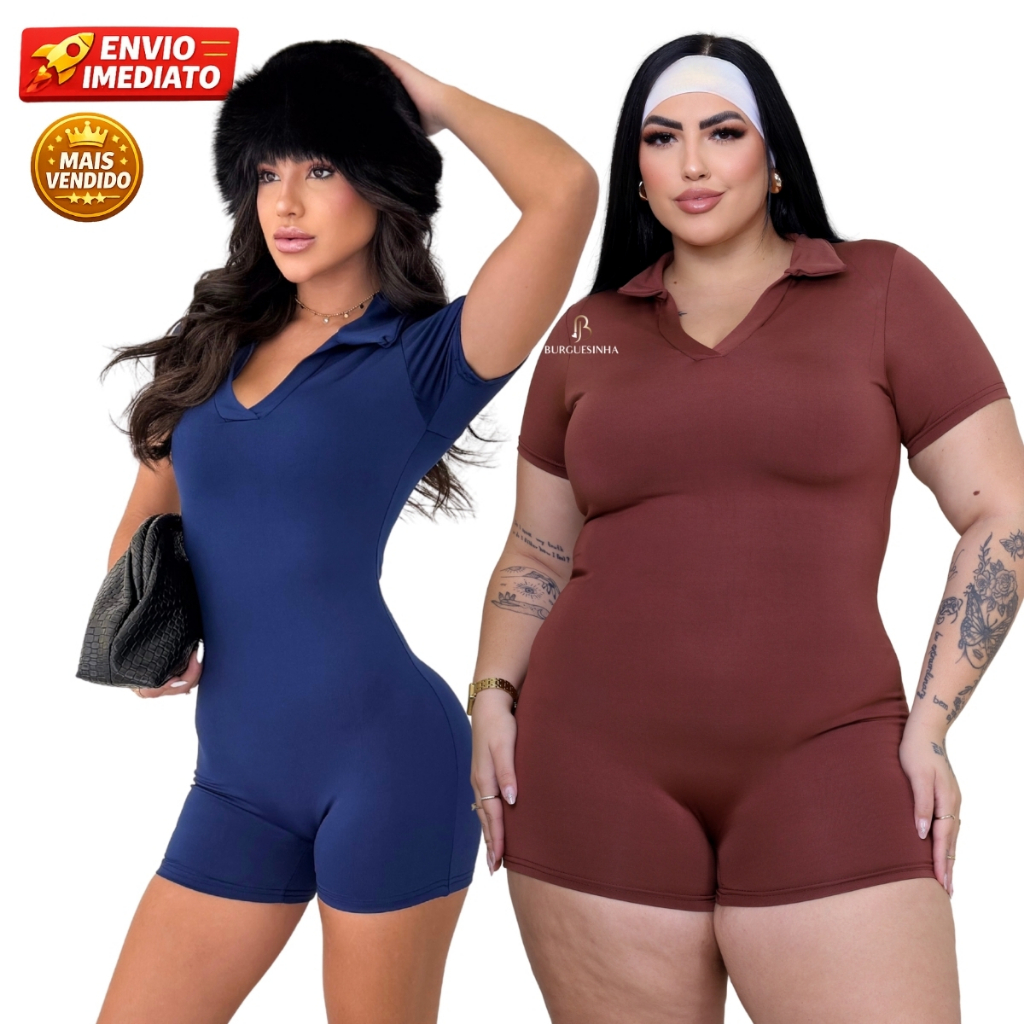 Macacão Feminino Gola Polo Fitness Suplex Toque Poliamida Manga Curta Yoga Academia-350 Gramatura