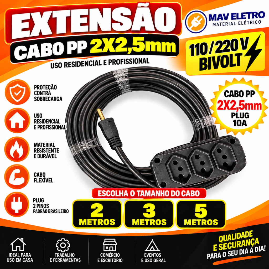 Extensão Elétrica 2 - 3 e 5 Metros Cabo PP 2x2,5mm Plug 10a Bivolt