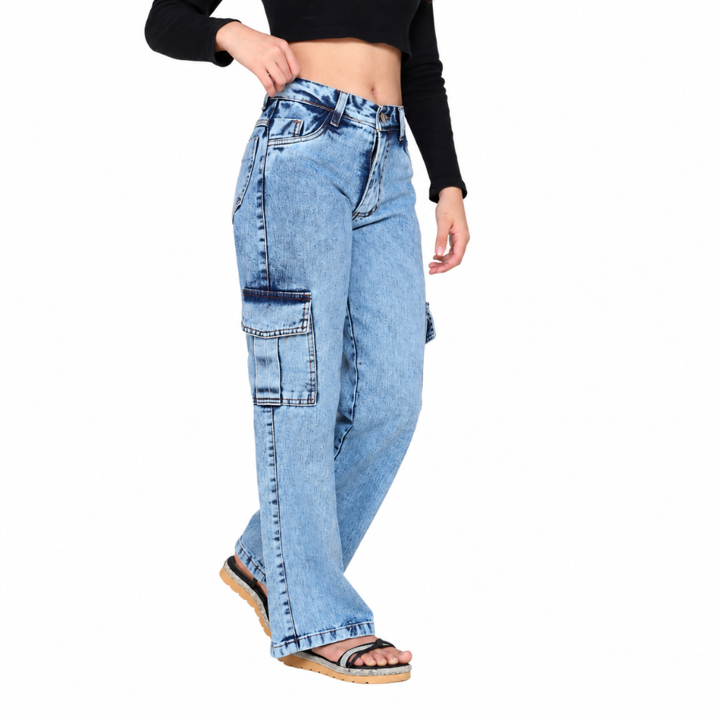 Calça jeans wide leg cargo pantalona marmorizada menina infantil juvenil