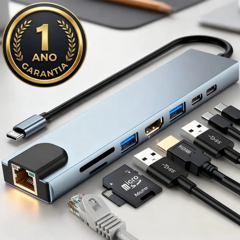 Hub USB-C 8 em 1 HDMI 4K RJ45 USB 3.0 SD TF Adaptador Tipo C Ethernet Dock Station