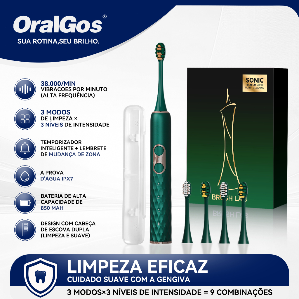 OralGos Escova de Dente Elétrica Sônica Movimento de Varredura 45° 3 modos e 3 níveis IPX7