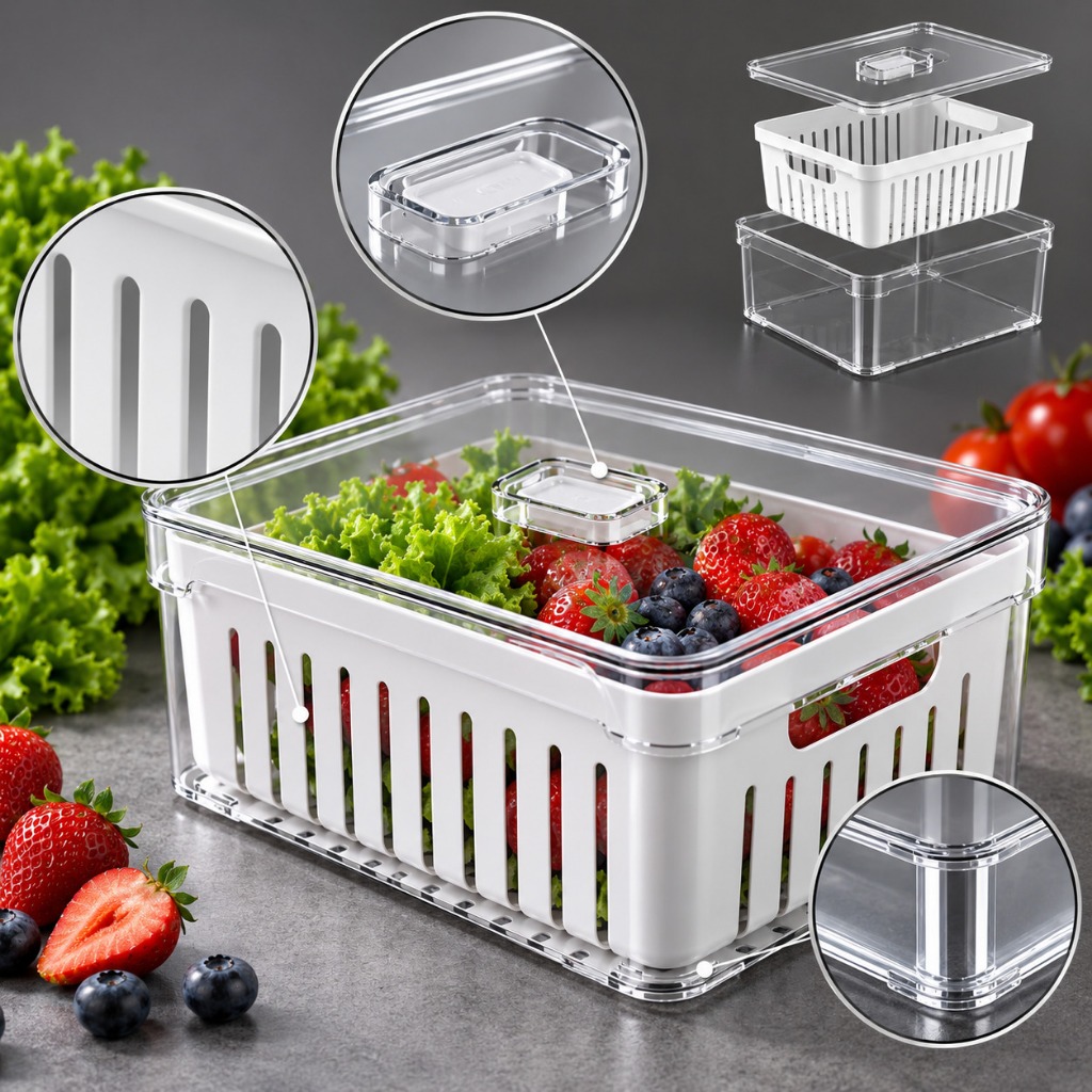 Kit 1, 2 ou 4 Unidades Pote para Organizar Geladeira 2,2L Acrílico Transparente Cesto Sem BPA Para Drenagem Trava Fresh