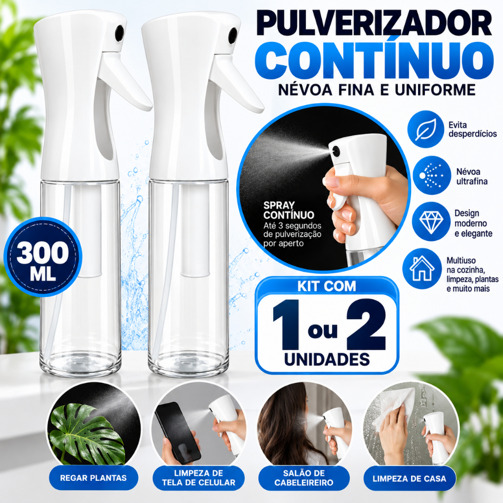 Kit 1 ou 2 Pulverizadores Contínuos 300ml Borrifador Spray Névoa Fina Multiuso