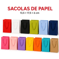 KIT 10/20/30/50 unidades sacolas de papel vários cores lisas tamanho 13,5x17,5x6 cm