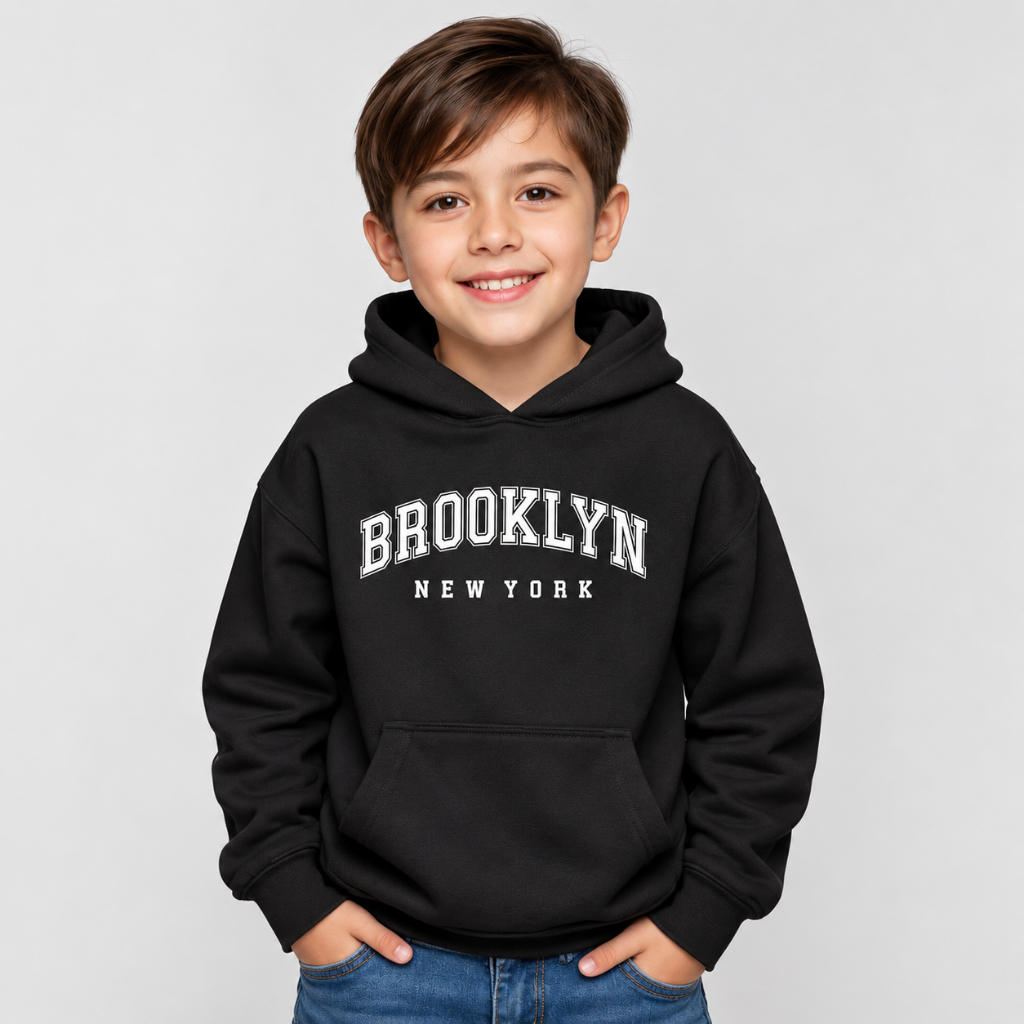 Blusa de Frio Menino Infantil Moletom Com Capuz Bolso Estampado Canguru Brooklyn Juvenil Agasalho Frio Flanelado