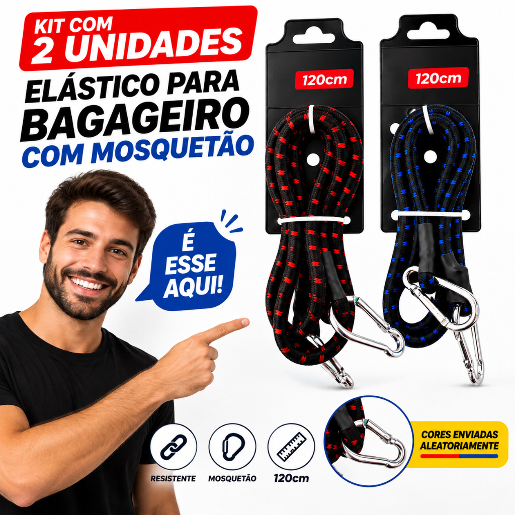 Kit 2 Unidades ou 1 Unidade | Elástico Bagageiro 120cm com Mosquetão Reforçado