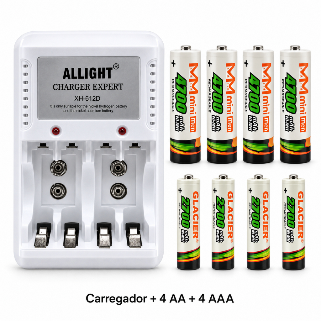 Carregador de Pilhas AA/AAA Bateria 9V Bivolt com Opções de Kit de Pilhas Recarregáveis