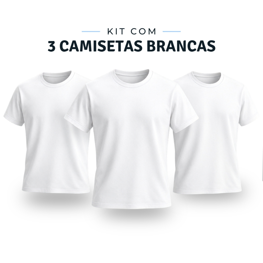 Kit 3 Camisetas Masculinas Brancas 100% Algodão Slim Gola Redonda Básica Casual
