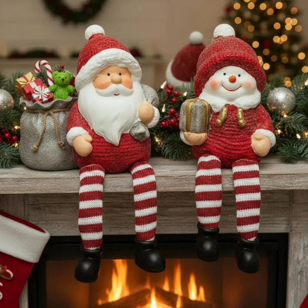 Enfeite de Natal Papai Noel e Boneco de Neve Cerâmica 22cm