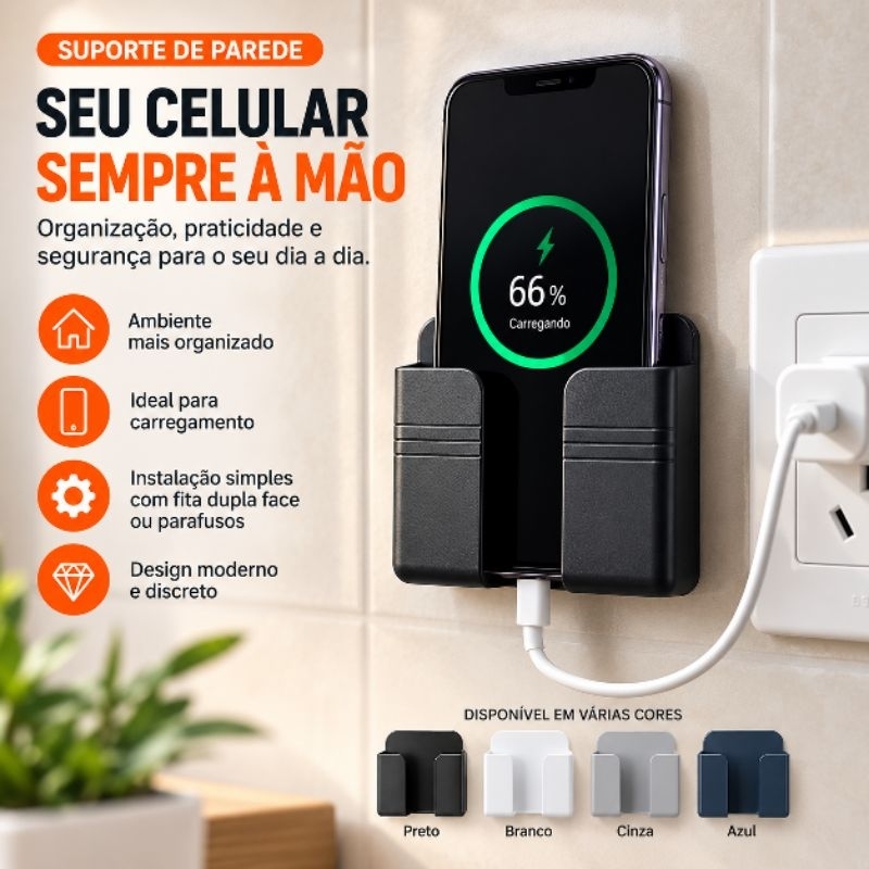 Suporte de Celular para Parede Carregamento Tomada Organizador Smartphone Universal