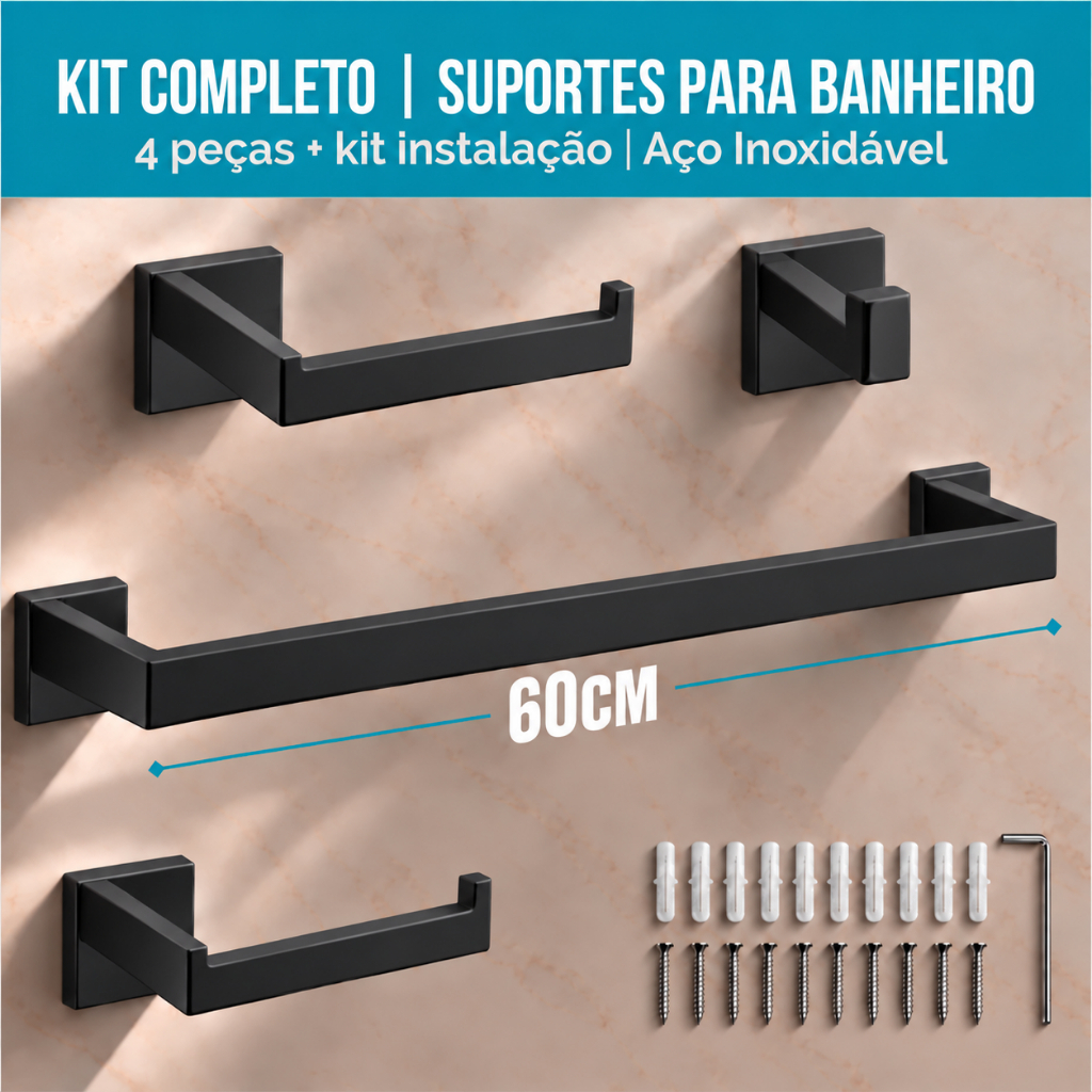 Kit Acessório Banheiro 4 Peças 60cm Aço Inox 304 Luxo Toalheiro Parede Preto Lavabo Quadrado