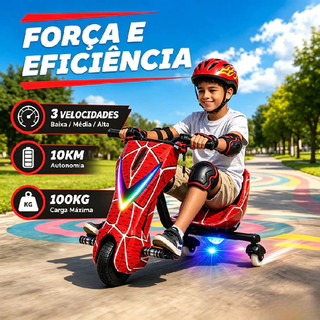 360° Triciclo Elétrico Drift Infantil 8.5" Motor 36v 350W LED Bluetooth 3 Velocidades Com Capacete e Proteção Carrinho