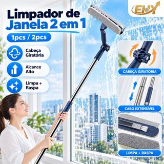 Limpador de Vidros 2 em 1 com Cabo Extensível 180° Giratório para Janelas Externas