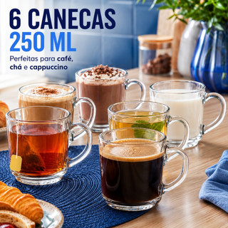 Jogo c/ 6 Canecas Xícara de Vidro Café Chá Capuccino Resistente Clear 250ml