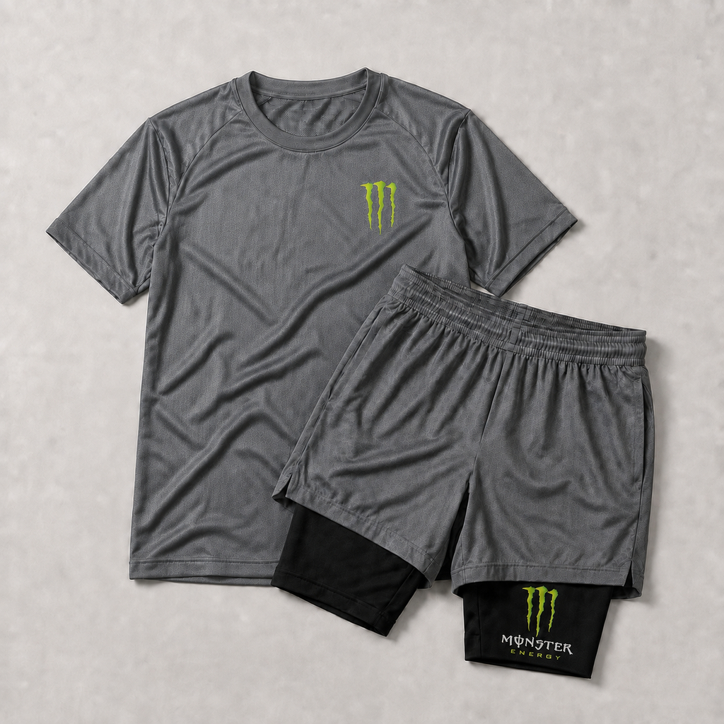 Conjunto Academia Masculino Camiseta Dry Fit + Short 2 em 1 de Compressão para Treino e Corrida, monster, academia,