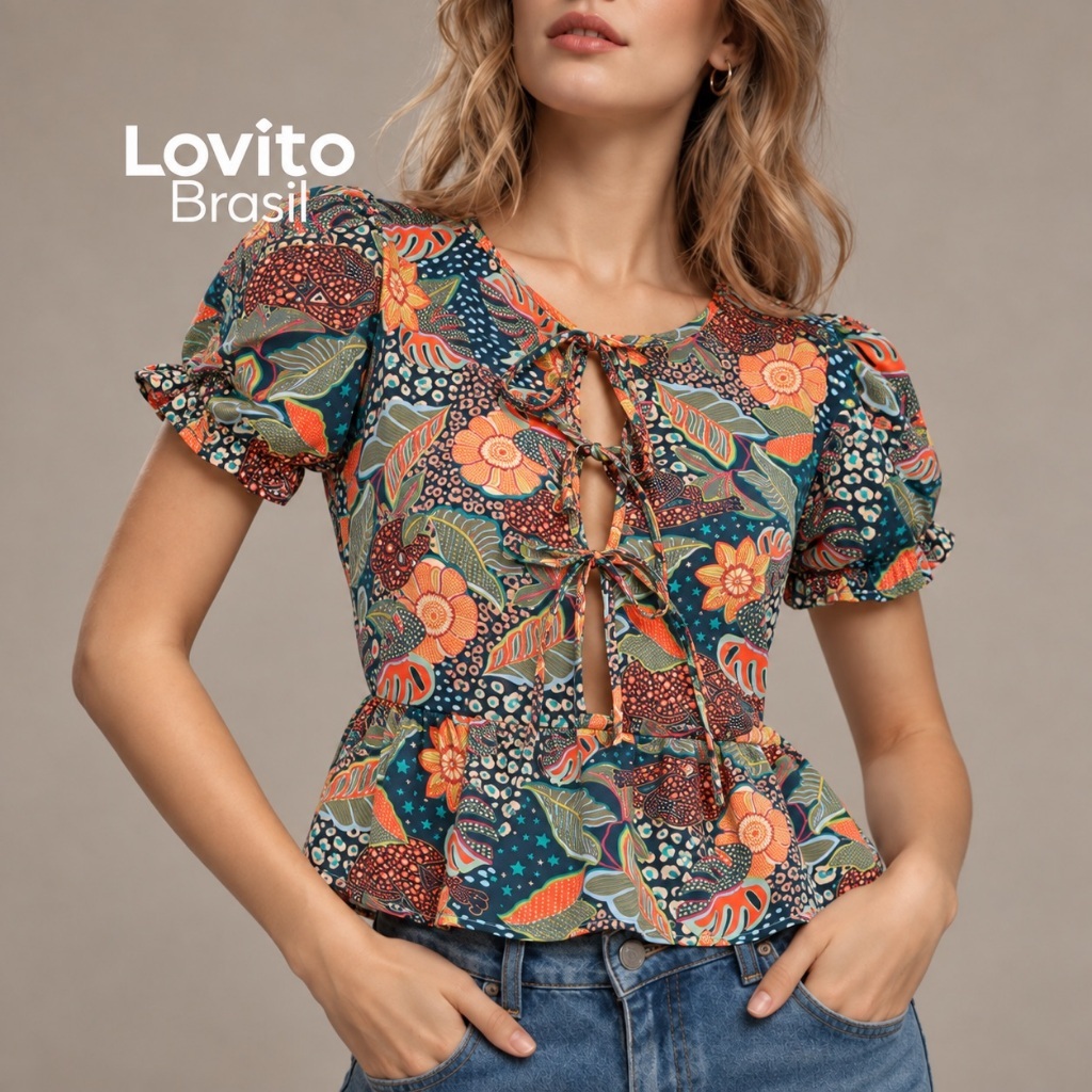 Lovito Bossa | Blusa Feminina Manga Curta Estampa Tropical Elegante BLB487BRL517