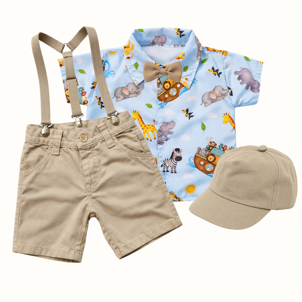 Conjunto com Boné Arca de Noé Infantil Look Festa, Aniversário Roupa Temática Social Menino com Suspensório e Gravata