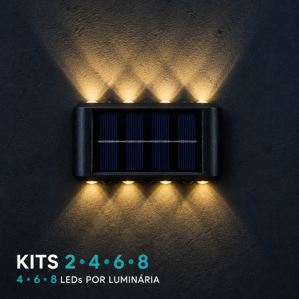 Luminária Solar de Parede IP65 Luz Quente 4 6 ou 8 LEDs para Jardim Kit 2 4 6 ou 8