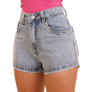 Short Jeans Feminino Sem Lycra, Cintura Alta Detalhe Com Strass Frontal, Revesst Jeans.