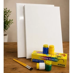 Kit Pintura em Tela 2 Telas 20x30cm 2 Pincéis + Tinta Guache 12 Cores