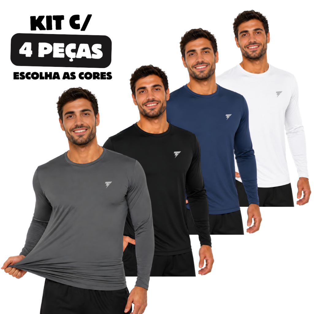 Kit com 4 Camiseta Uv Segunda Pele Proteção Solar Fator 50+ Cores Variadas Manga Longa Masculina