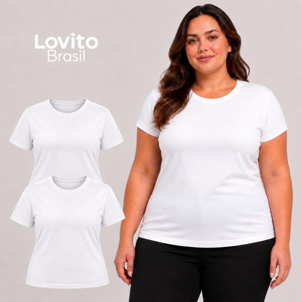 Lovito Kit 2 Camisetas Baby Look Plus Size Feminina de Algodão Básica TSB20442074