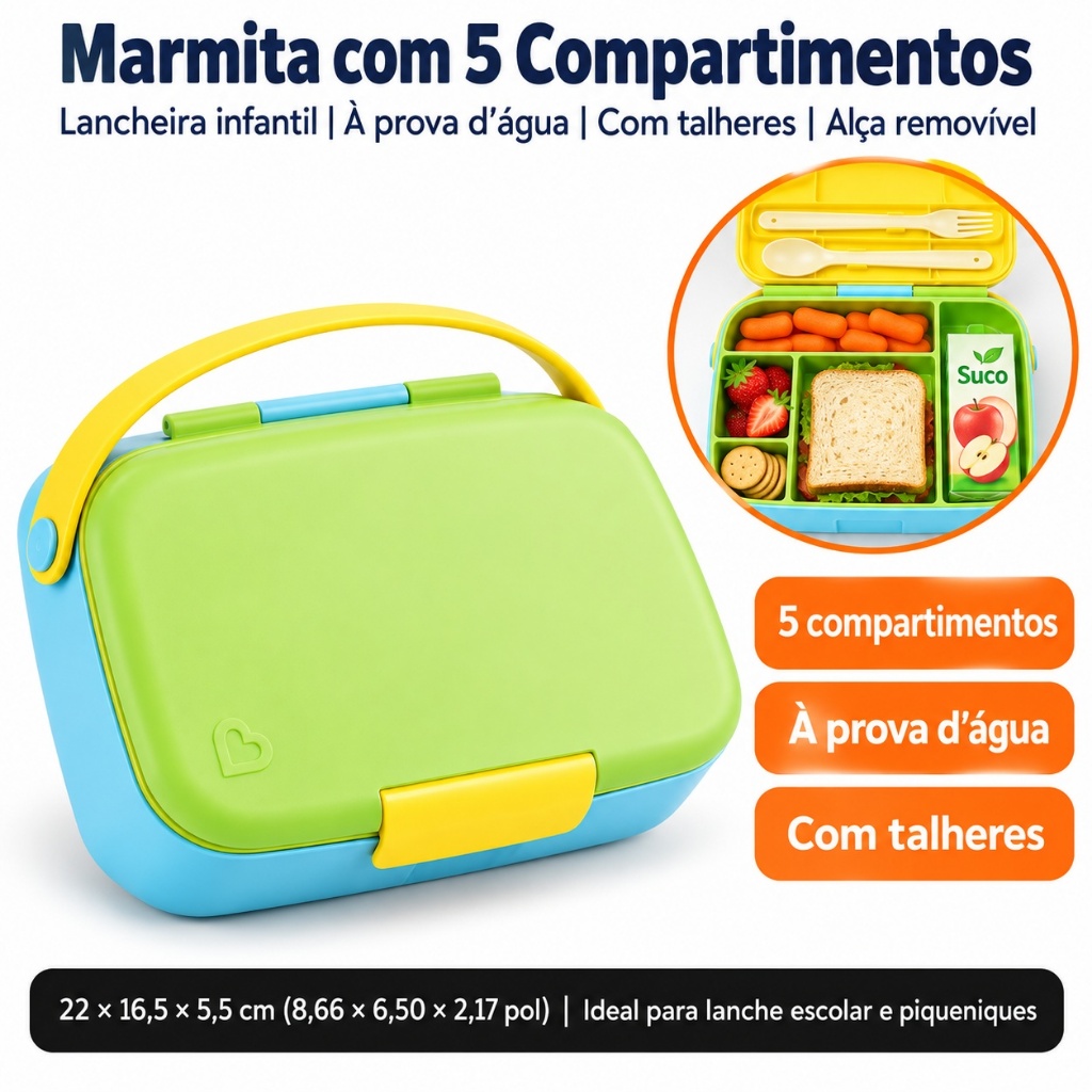 Lancheira Infantil Bento Box de Plástico com Divisórias Internas - Verde