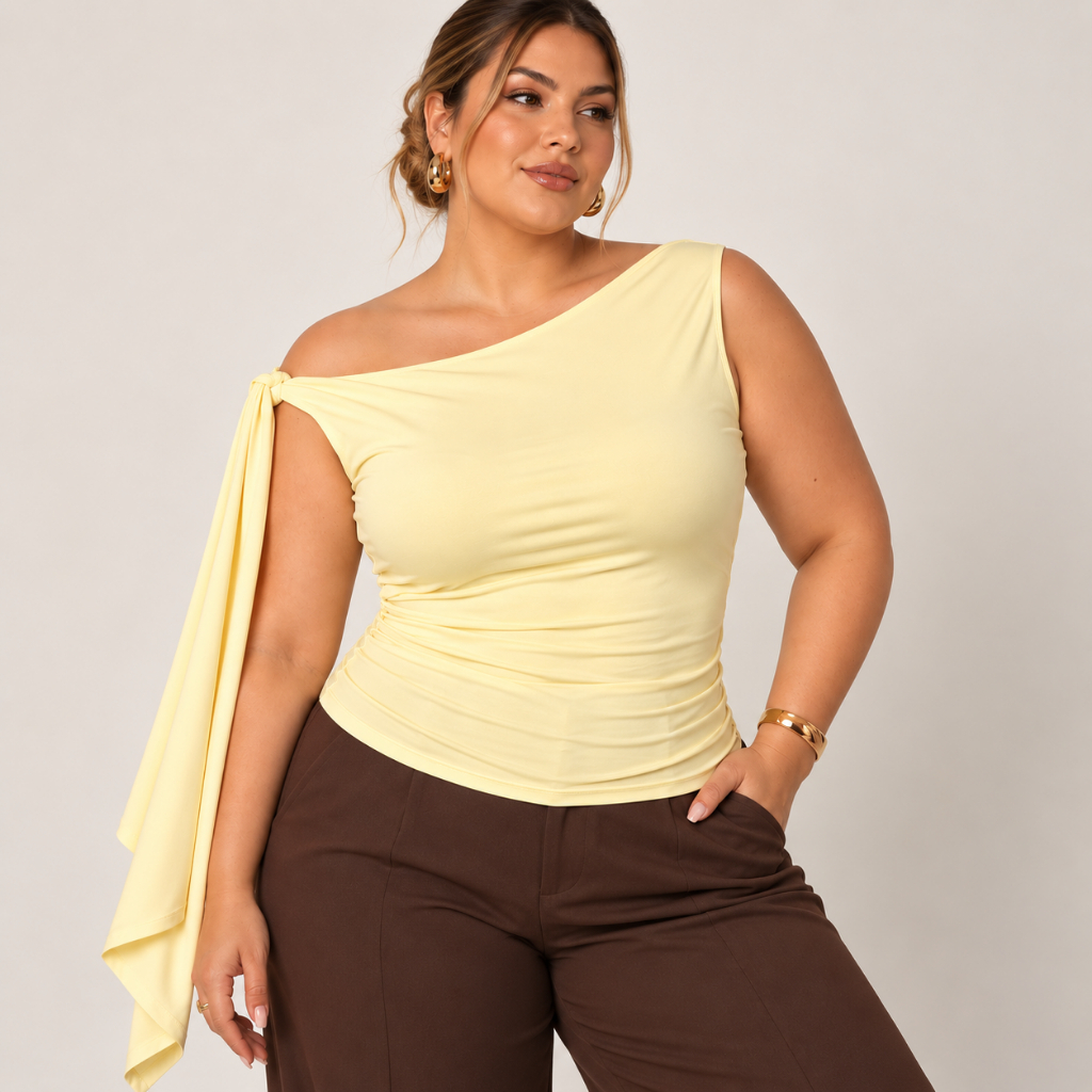 Blusa Plus Size Feminina Decote Assimétrico com Amarração e Faixa Lateral Suplex Premium GG G1 G2 G3
