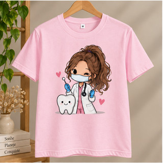 Camisa Dentista Feminina Odontologia Dente 100% Algodão Manga Curta Estampada