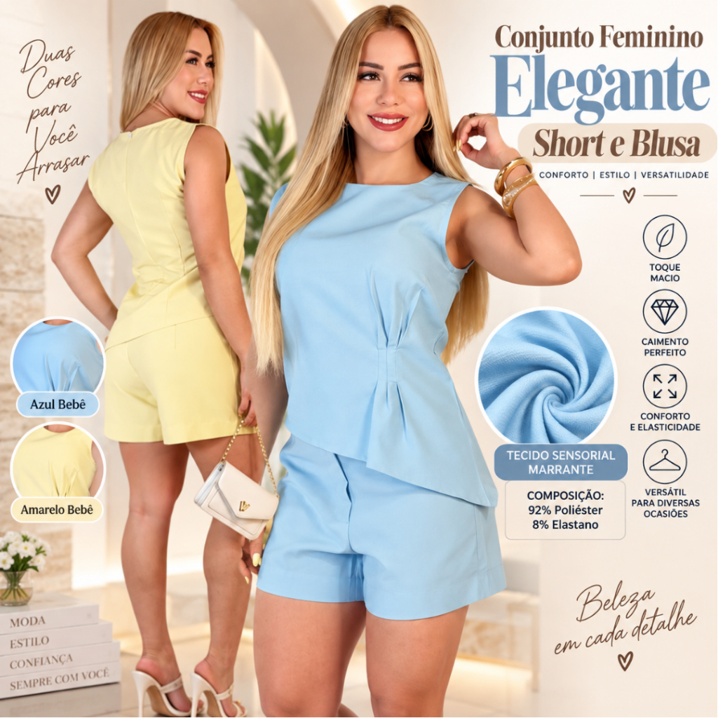 Conjunto Feminino Elegante Sensorial Marrante Blusa Sem Manga + Short Cintura Alta — imagem 2 de 2