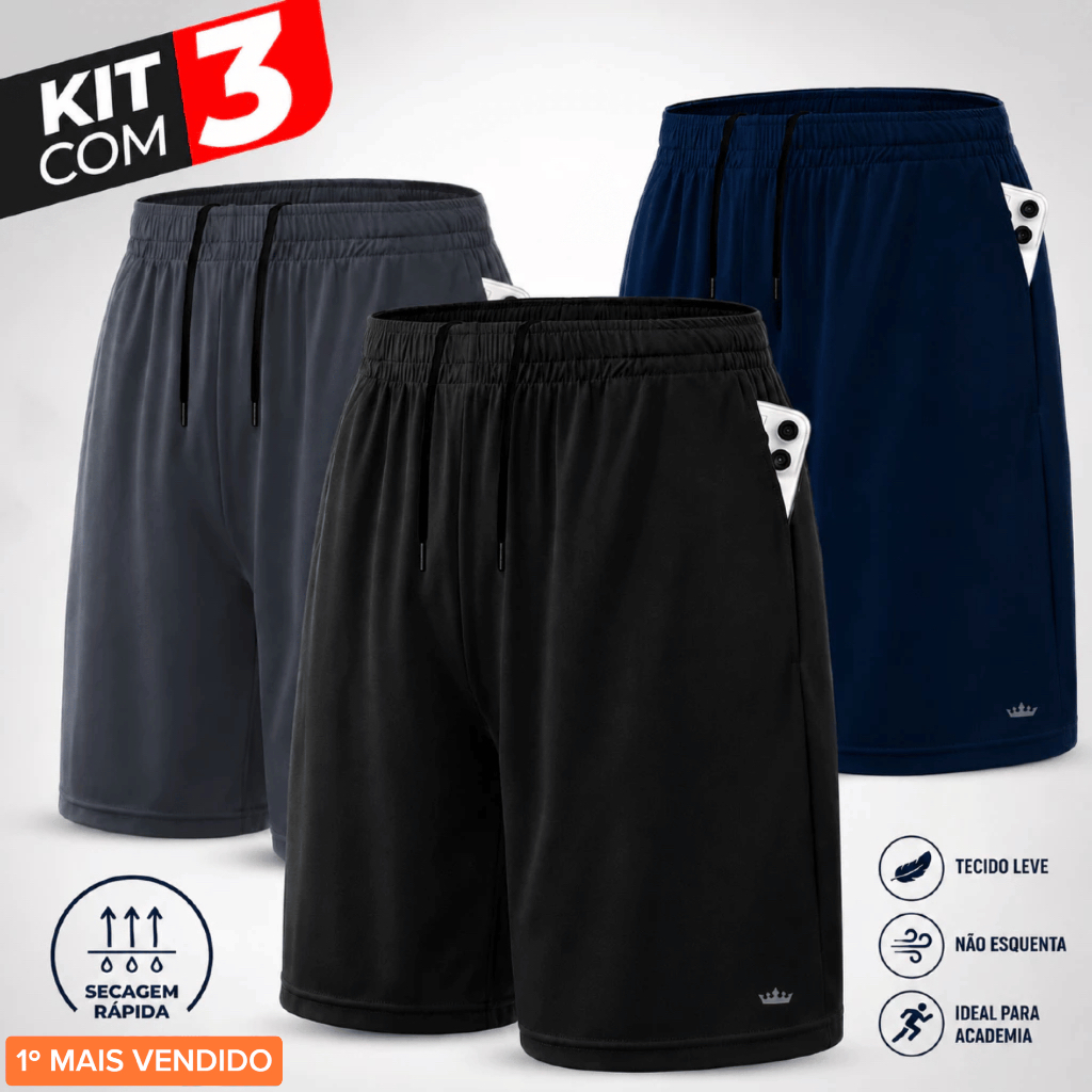 Short Bermuda Masculino Kit 3 Academia Fitness Esportivo Futebol Corrida Praia Treino com Bolsos