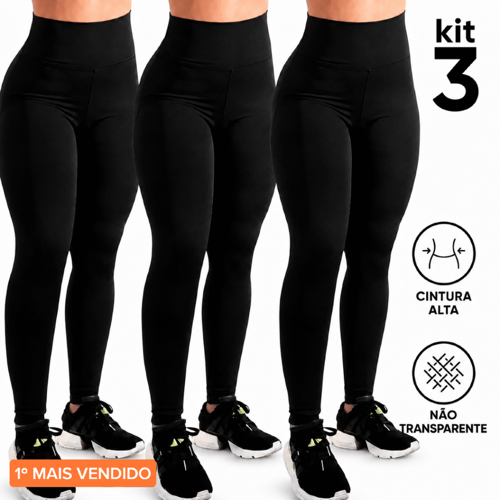 Legging Feminina Kit 3 Calça Suplex Grossa Zero Transparência Cós Duplo Cintura Alta Academia Preta