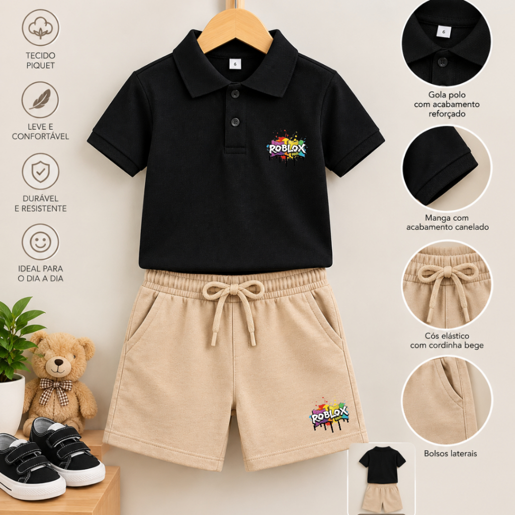 Conjunto infantil Camiseta Gola Polo e short moletinho Roblox Estiloso Casual  Basico Moda Tematica