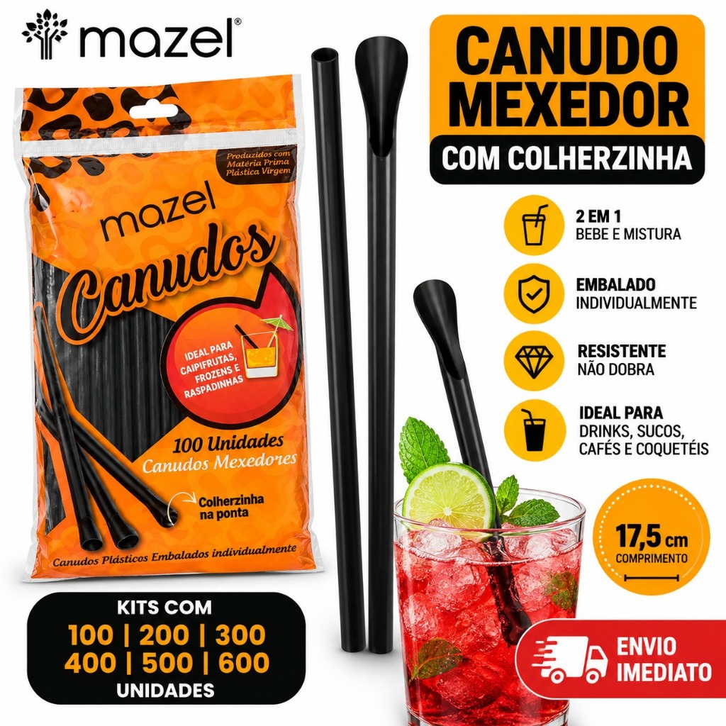 Canudo Mexedor Preto Mazel com Colherzinha na Ponta para Drinks e Coquetéis