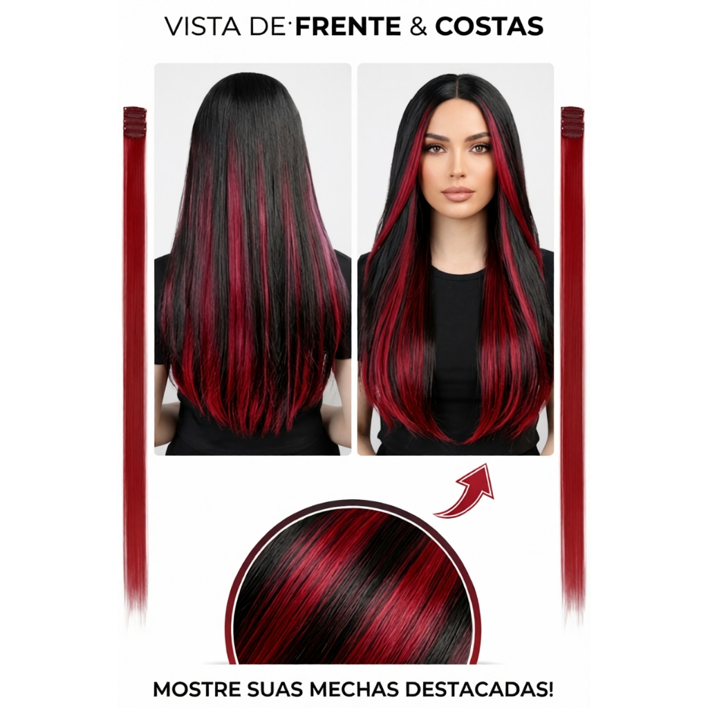 2 Mechas Marsala Tic Tac Aplique Colorido 50cm Identico Cabelo Humano